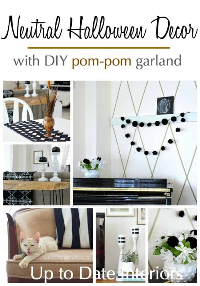 A collage of DIY pom pom garland and other ideas for neutral halloween decor. 