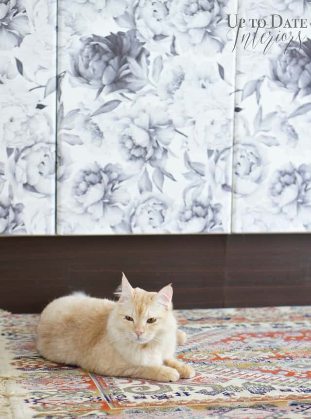 A close up picture of an orange and white cat on a boho rug in front of floral kitchen cabinets. 
