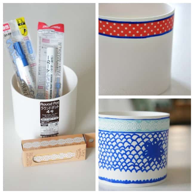 A picture collage showing supplies for how to create a Pottery Barn inspired cachepot with a white plastic pot and paint markers. 