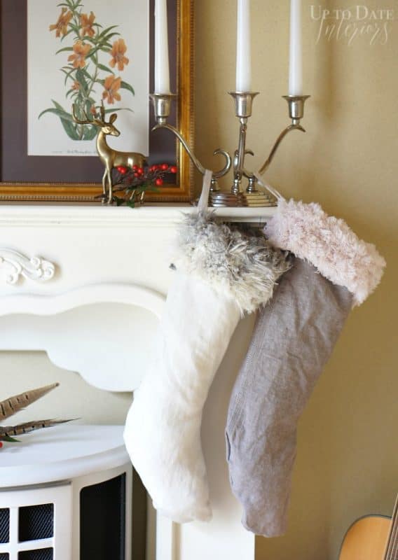 DIY Christmas Stockings from recycled clothes hanging on mantel