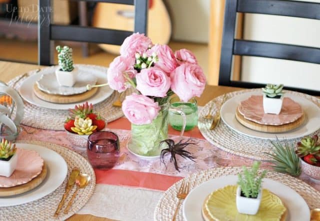 spring table with succulents air plants and peonies 