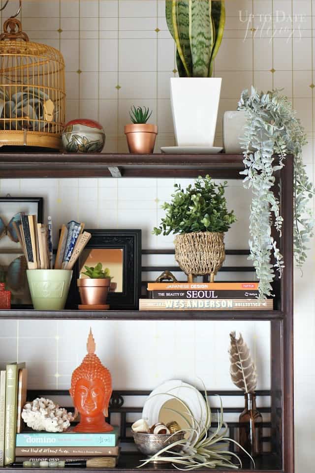 bookcase close up with plants and eclectic and curated items