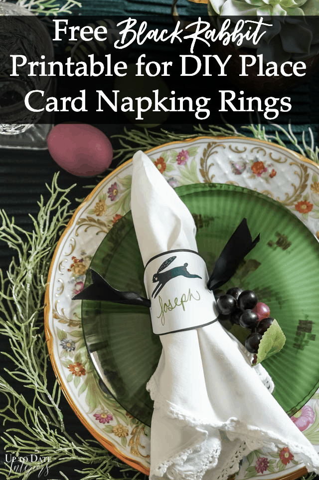 Black Rabbit Place Card Napkin Ring Free Printable with moody table setting with layered china  DIY Bunny Napkin Rings