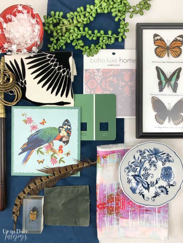 A One Room Challenge overlay for a colorful maximalist living and dining room decor plans with jewel tones, bird art, butterflies, and chinoiserie. 