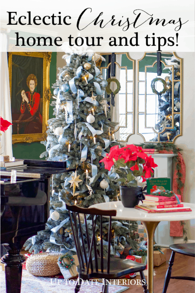 An elegant Christmas home tour graphic with picture of large Christmas tree in a corner with blue ribbon and elegant Christmas ornaments.  A pair of gold mirrors and a woman's portrait on the walls and a glimpse of a grand piano and marble tulip table with red poinsettias. 
