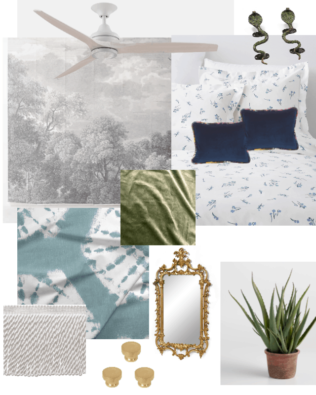 A colorful bedroom mood board furniture selections, bedding, fan, fabric, and plants in blues and greens. 