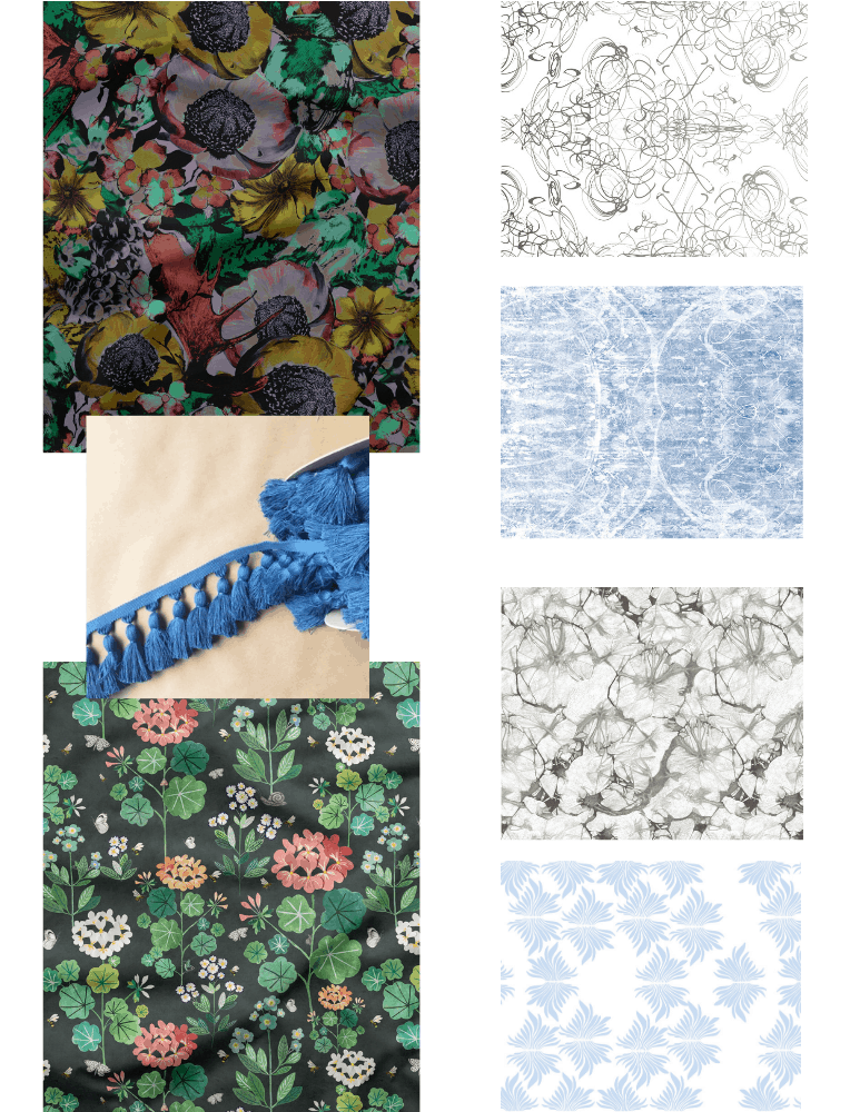 A mood board showing fabric and wallpaper samples in cool tones with bright blue fringe for a maximalist bathroom style.  
