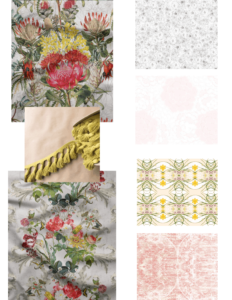 A mood board showing fabric and wallpaper samples in warm tones with yellow fringe for a maximalist bathroom style.  